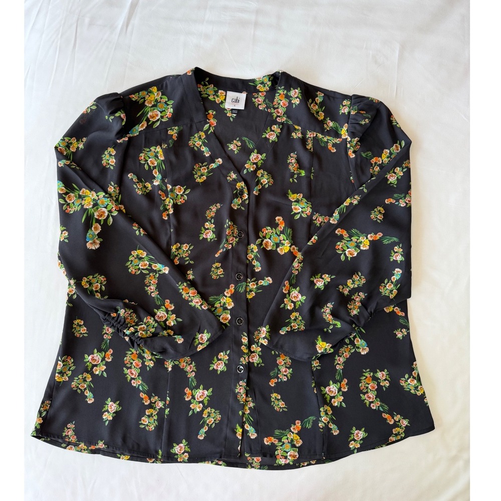 Floral Button Front‎ Blouse Cabi 4534 Ovation 3/4 Ruched Sleeve V-Neck Top Large